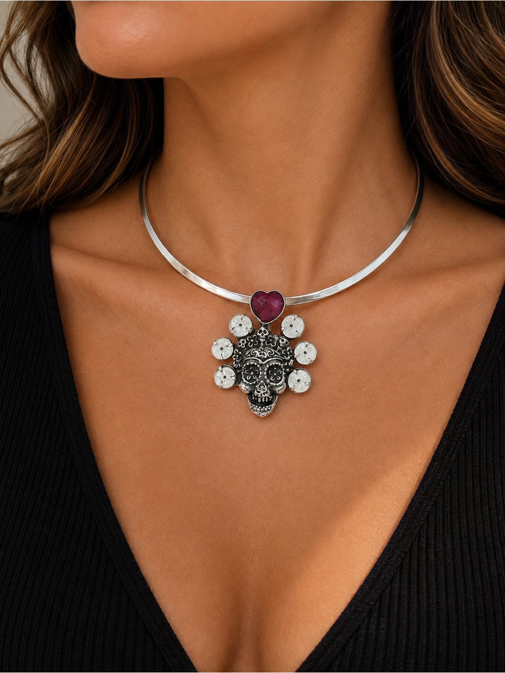 Sterling Silver Ruby Gemstone & mother of Pearl Skull Pendant